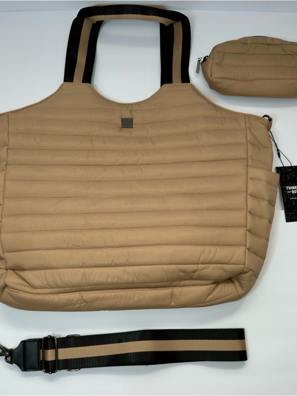 THINK ROYLN Quilted Tote in Beige with Black-Trim Straps